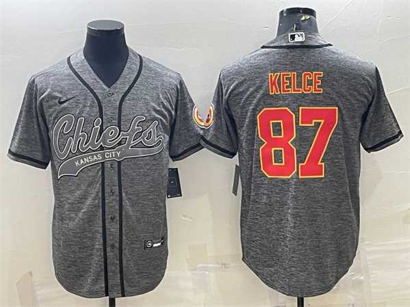 Men%27s Kansas City Chiefs #87 Travis Kelce Gray With Patch Cool Base Stitched Baseball Jersey